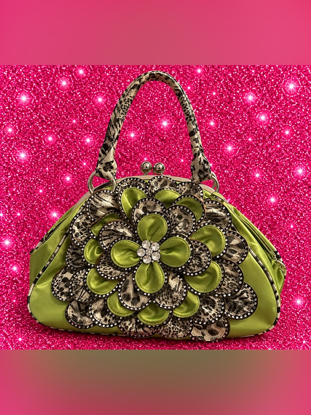 Green Floral Applique Satchel Bag